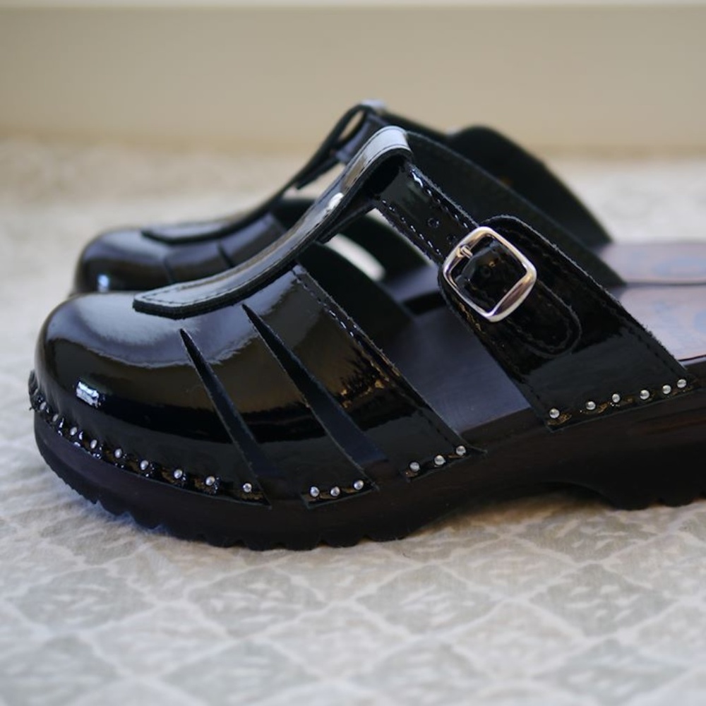 Troentorp Black Patent Leather Mary Jane Clogs 38